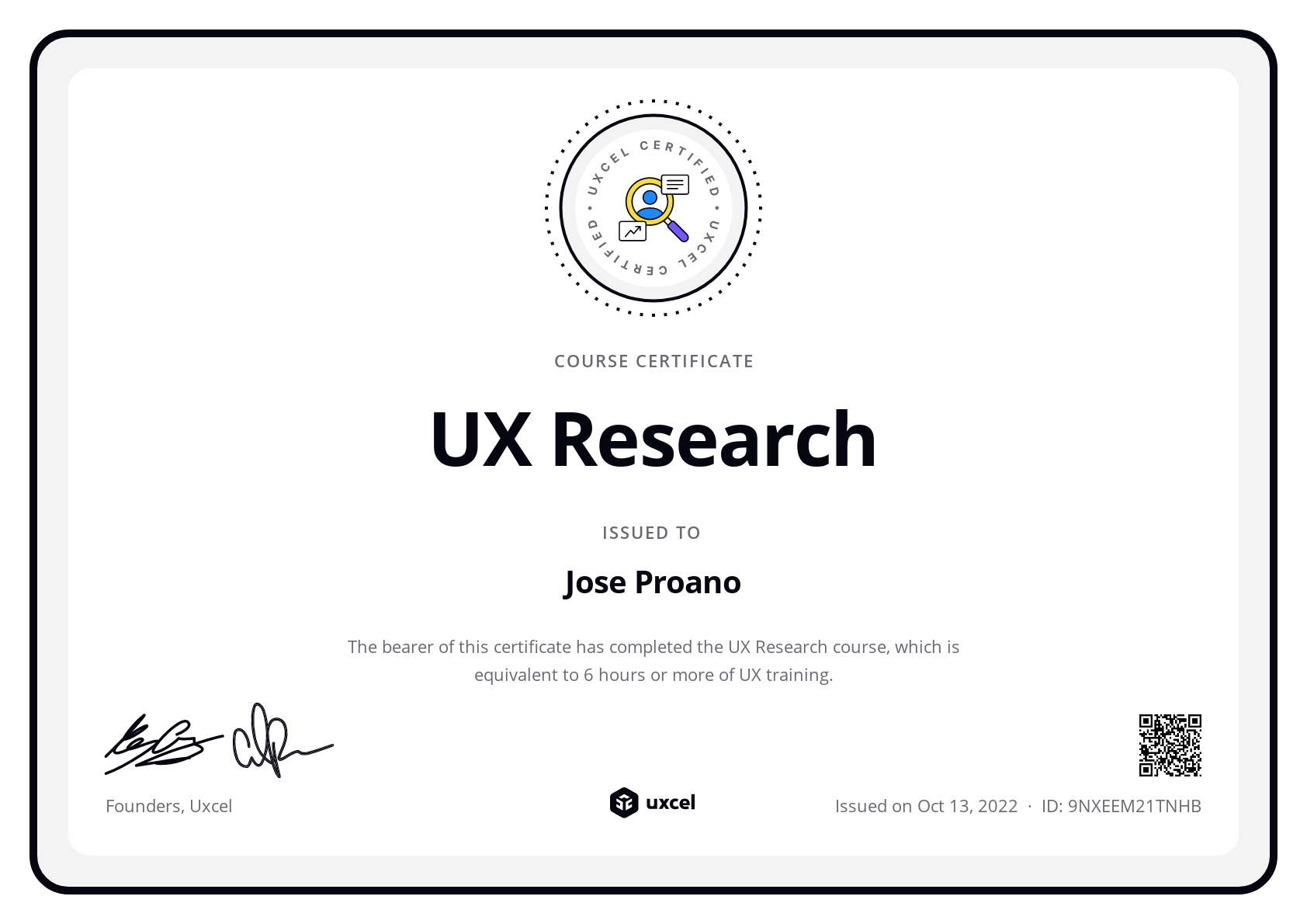 José Gabriel Proaño's certificate